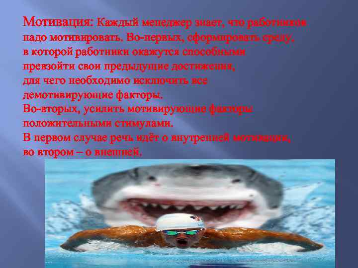 Мотивация: Каждый менеджер знает, что работников надо мотивировать. Во-первых, сформировать среду, в которой работники