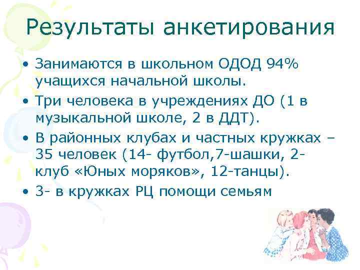 Результаты анкетирования • Занимаются в школьном ОДОД 94% учащихся начальной школы. • Три человека