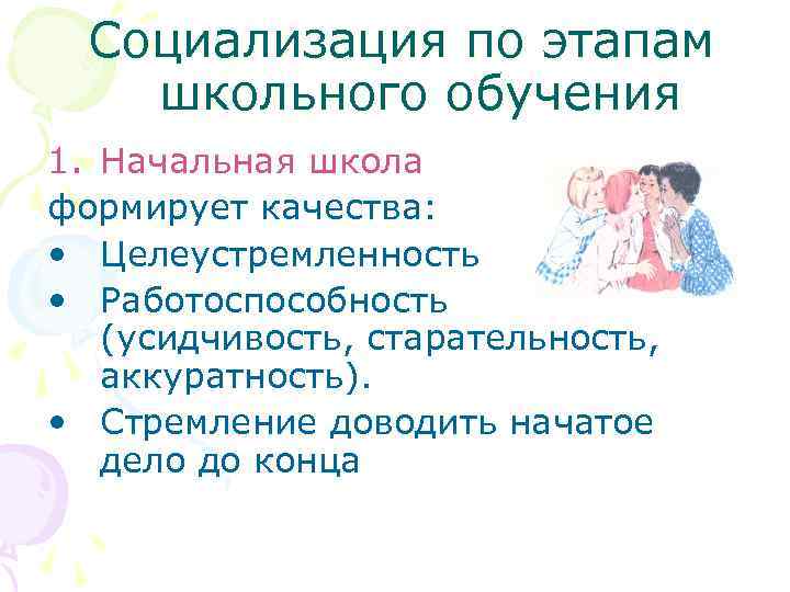 Социализация по этапам школьного обучения 1. Начальная школа формирует качества: • Целеустремленность • Работоспособность