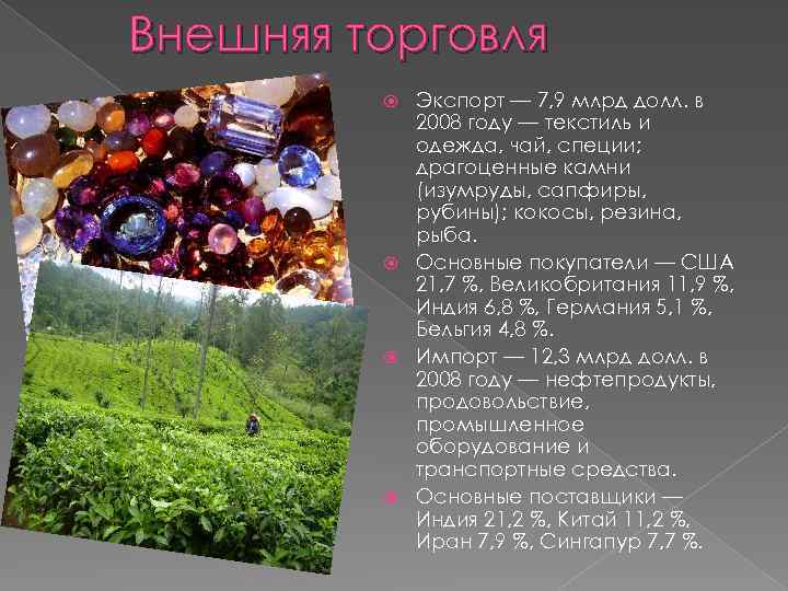 Внешняя торговля Экспорт — 7, 9 млрд долл. в 2008 году — текстиль и