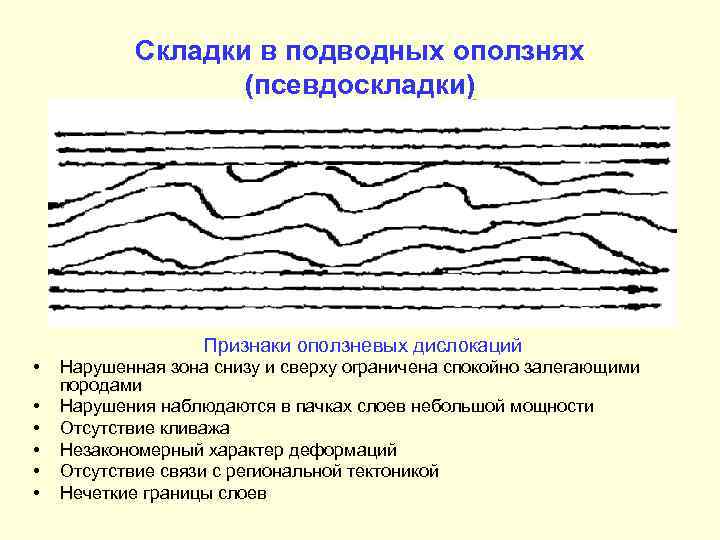 Складки в подводных оползнях (псевдоскладки) Признаки оползневых дислокаций • • • Нарушенная зона снизу