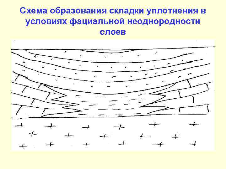 Схема образования складки уплотнения в условиях фациальной неоднородности слоев 