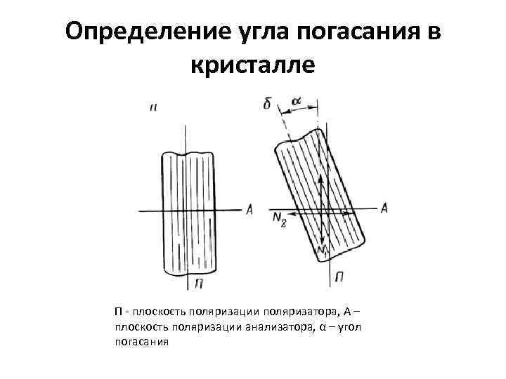Определение угла погасания в кристалле П - плоскость поляризации поляризатора, А – плоскость поляризации