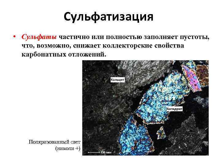 Сульфатизация • Сульфаты частично или полностью заполняет пустоты, что, возможно, снижает коллекторские свойства карбонатных