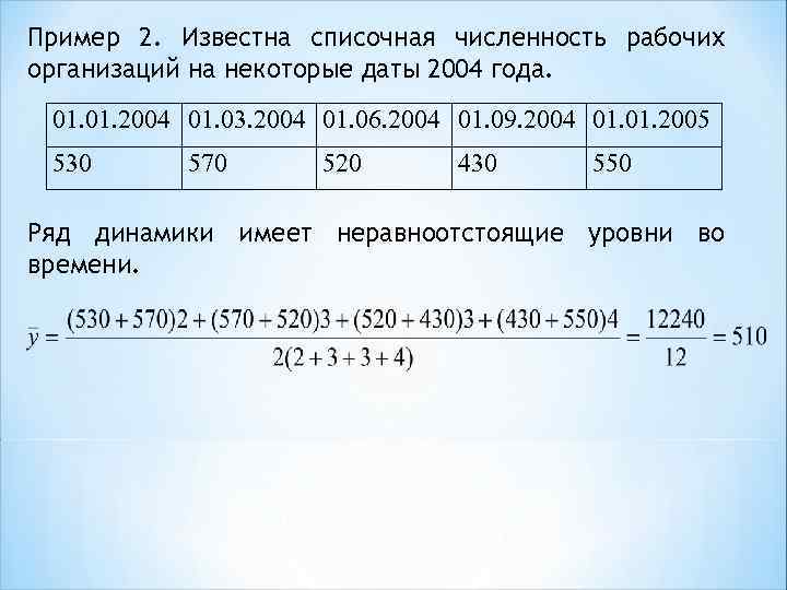 Пример 2. Известна списочная численность рабочих организаций на некоторые даты 2004 года. 01. 2004