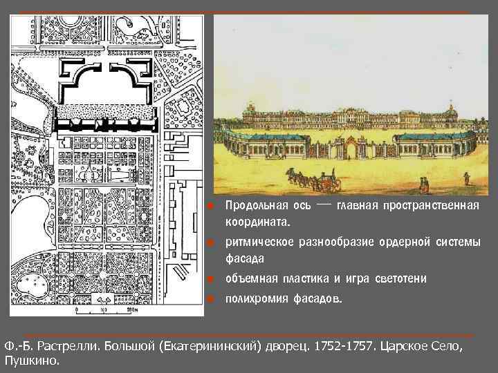 n n Продольная ось — главная пространственная координата. ритмическое разнообразие ордерной системы фасада объемная