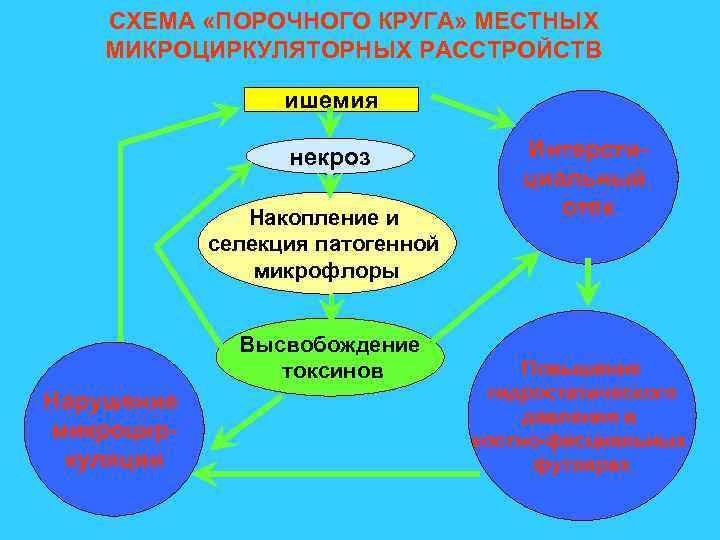 СХЕМА «ПОРОЧНОГО КРУГА» МЕСТНЫХ МИКРОЦИРКУЛЯТОРНЫХ РАССТРОЙСТВ ишемия некроз Накопление и селекция патогенной микрофлоры Высвобождение