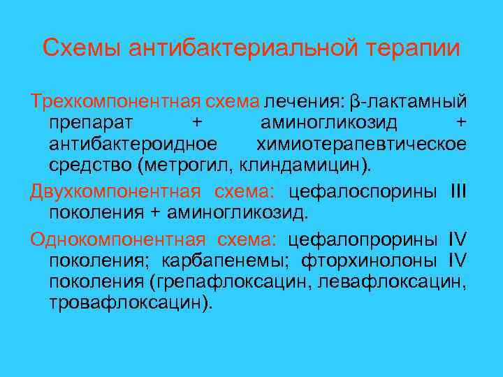 Схемы антибактериальной терапии Трехкомпонентная схема лечения: β-лактамный препарат + аминогликозид + антибактероидное химиотерапевтическое средство