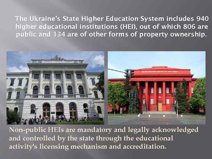 The Ukraine's State Higher Education System includes 940 higher educational institutions (HEI), out of