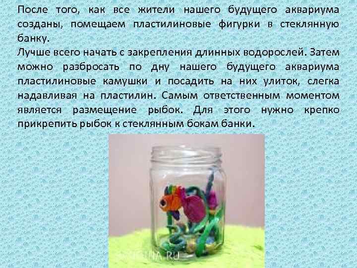 После того, как все жители нашего будущего аквариума созданы, помещаем пластилиновые фигурки в стеклянную