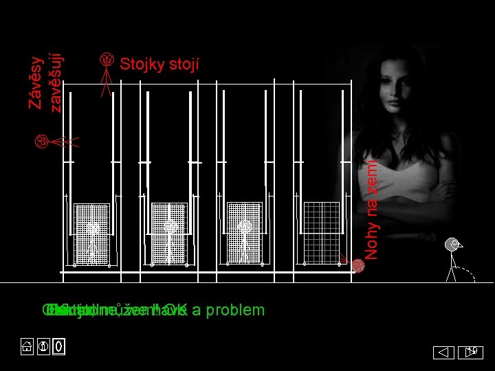 Stojky stojí Nohy na zemi Závěsy zavěšují Ta ženská si z nás dělá blázny!