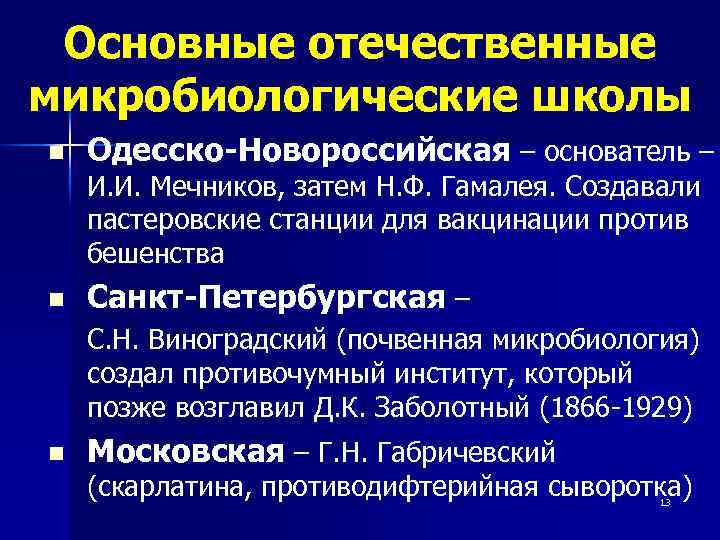 Основные отечественные микробиологические школы n Одесско-Новороссийская – основатель – И. И. Мечников, затем Н.