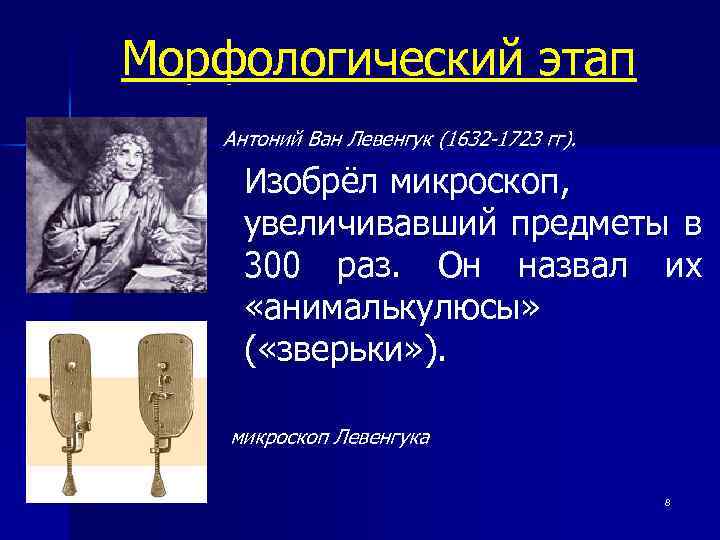 Морфологический этап Антоний Ван Левенгук (1632 -1723 гг). Изобрёл микроскоп, увеличивавший предметы в 300