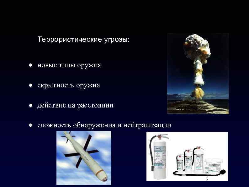 Террористические угрозы: ● новые типы оружия ● скрытность оружия ● действие на расстоянии ●