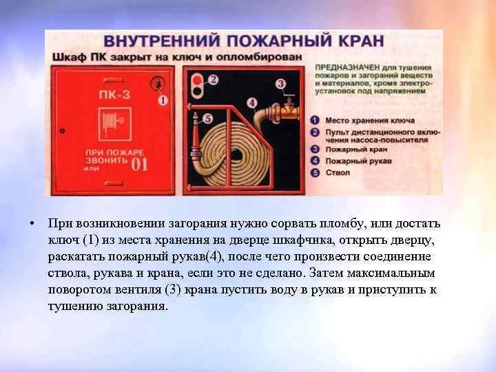  • При возникновении загорания нужно сорвать пломбу, или достать ключ (1) из места