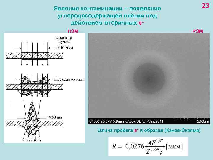 23 Явление контаминации – появление углеродосодержащей плёнки под действием вторичных е– ПЭМ РЭМ Длина