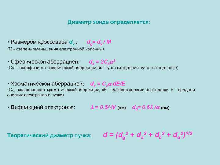 Диаметр зонда определяется: • Размером кроссовера dv : d g= d v / M