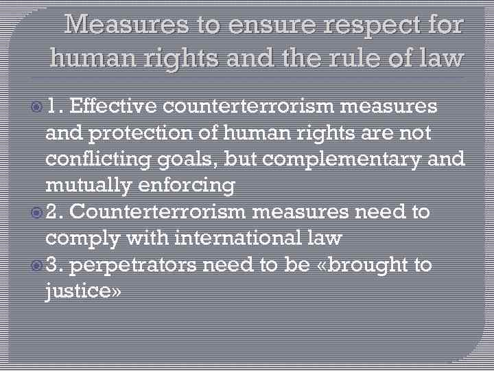 Measures to ensure respect for human rights and the rule of law 1. Effective