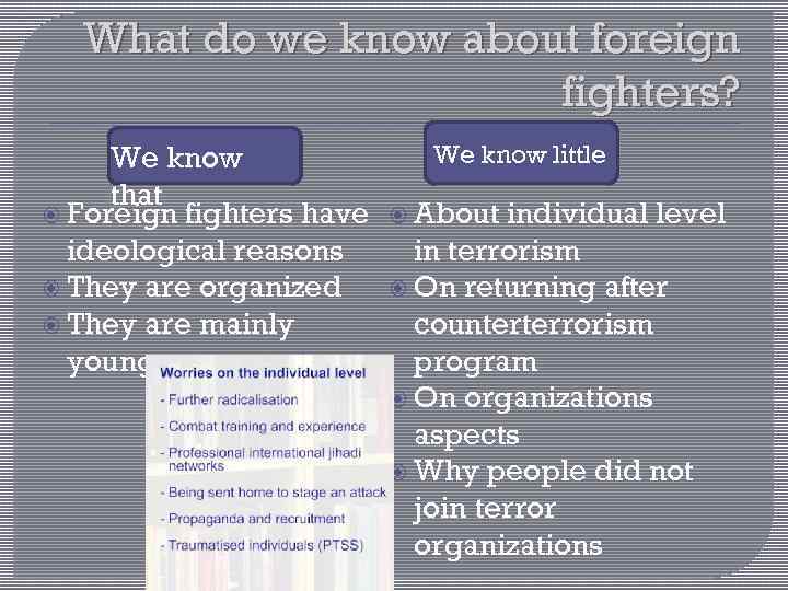 What do we know about foreign fighters? We know that Foreign fighters have ideological