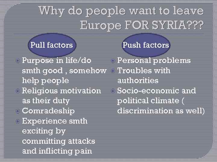 Why do people want to leave Europe FOR SYRIA? ? ? Pull factors Purpose