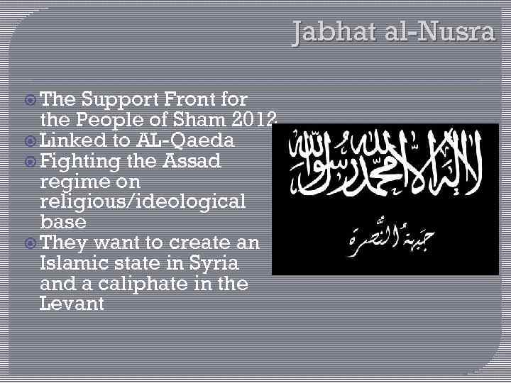 Jabhat al-Nusra The Support Front for the People of Sham 2012 Linked to AL-Qaeda