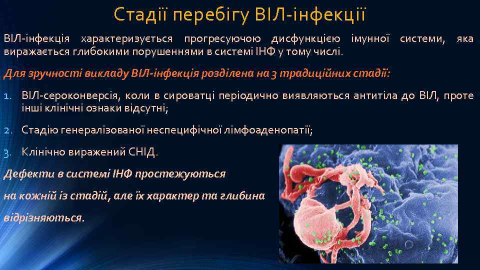 Стадії перебігу ВІЛ-інфекції ВІЛ-інфекція характеризується прогресуючою дисфункцією імунної системи, яка виражається глибокими порушеннями в