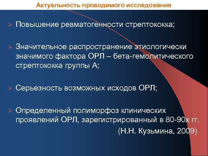 Актуальность проводимого исследования Ø Повышение ревматогенности стрептококка; Ø Значительное распространение этиологически значимого фактора ОРЛ