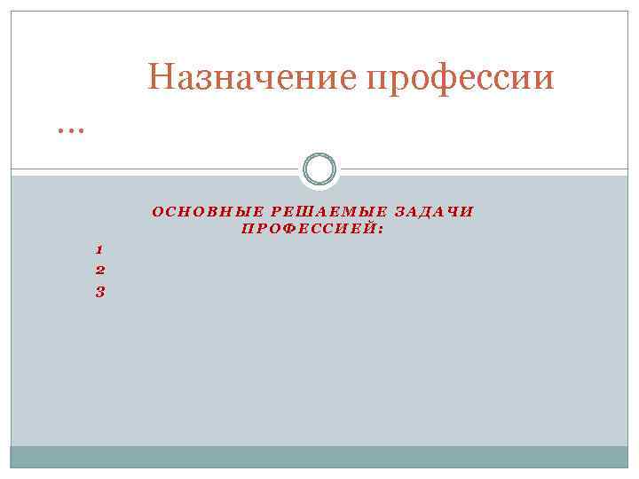 Назначение профессии … ОСНОВНЫЕ РЕШАЕМЫЕ ЗАДАЧИ ПРОФЕССИЕЙ: 1 2 3 