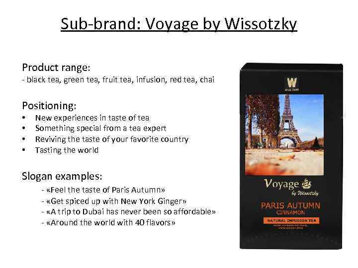 Sub-brand: Voyage by Wissotzky Product range: - black tea, green tea, fruit tea, infusion,