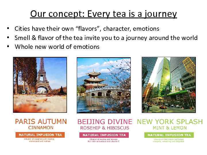 Our concept: Every tea is a journey • Cities have their own “flavors”, character,