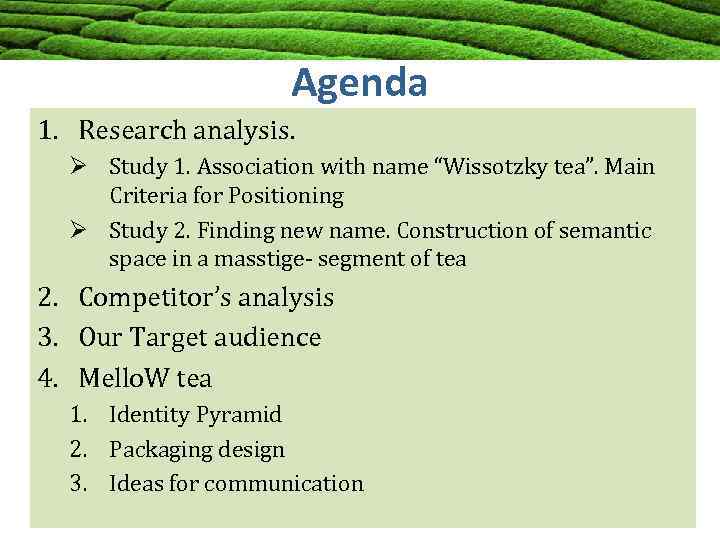 Agenda 1. Research analysis. Ø Study 1. Association with name “Wissotzky tea”. Main Criteria