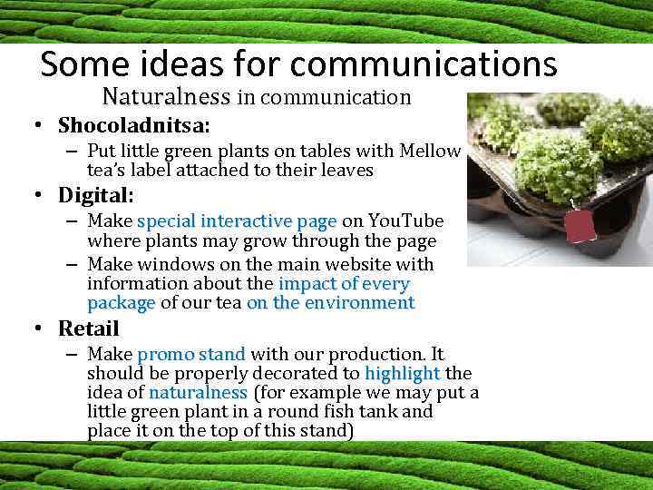 Some ideas for communications Naturalness in communication • Shocoladnitsa: – Put little green plants