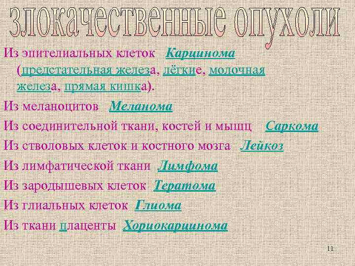 Из эпителиальных клеток Карцинома (предстательная железа, лёгкие, молочная железа, прямая кишка). Из меланоцитов Меланома