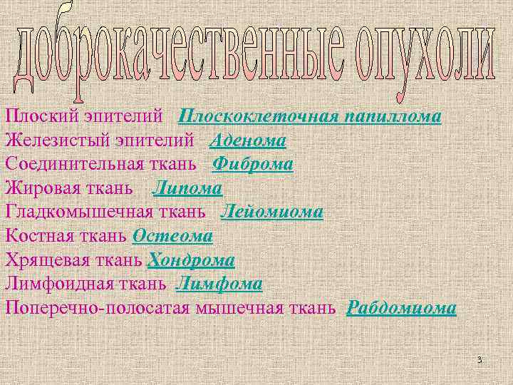 Плоский эпителий Плоскоклеточная папиллома Железистый эпителий Аденома Соединительная ткань Фиброма Жировая ткань Липома Гладкомышечная