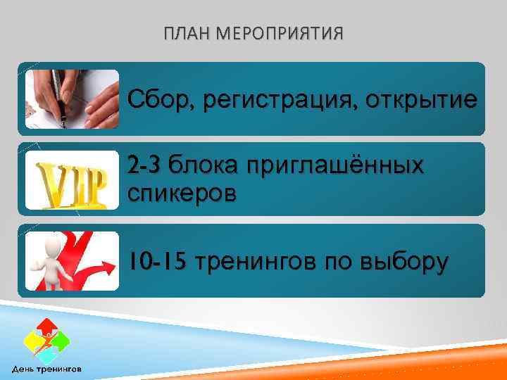 ПЛАН МЕРОПРИЯТИЯ Сбор, регистрация, открытие 2 -3 блока приглашённых спикеров 10 -15 тренингов по