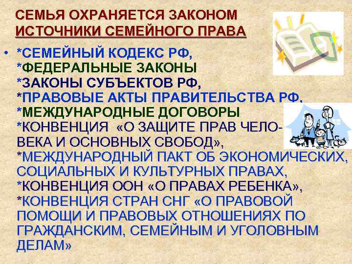 СЕМЬЯ ОХРАНЯЕТСЯ ЗАКОНОМ ИСТОЧНИКИ СЕМЕЙНОГО ПРАВА • *СЕМЕЙНЫЙ КОДЕКС РФ, *ФЕДЕРАЛЬНЫЕ ЗАКОНЫ *ЗАКОНЫ СУБЪЕКТОВ