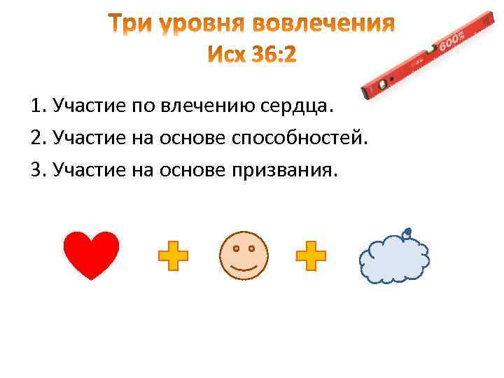 1. Участие по влечению сердца. 2. Участие на основе способностей. 3. Участие на основе