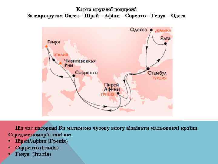 Карта круїзної подорожі За маршрутом Одеса – Пірей – Афіни – Соренто – Генуа