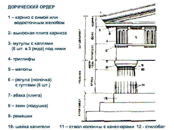 ДОРИЧЕСКИЙ ОРДЕР 1 – карниз с симой или водосточным желобом 2 - выносная плита