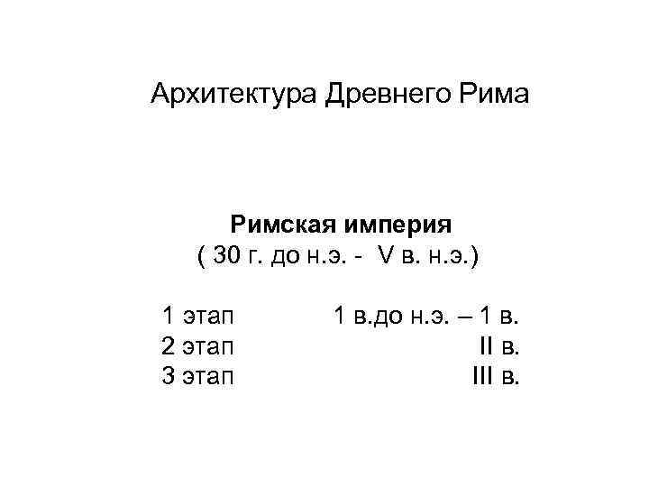Архитектура Древнего Рима Римская империя ( 30 г. до н. э. - V в.