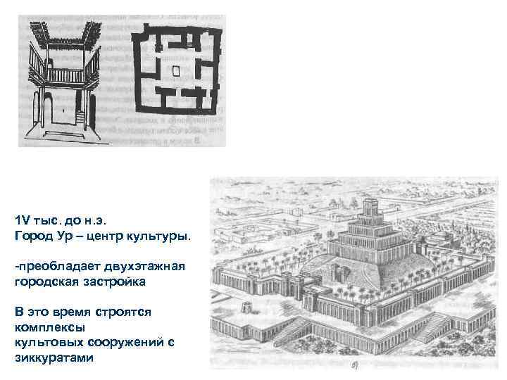 1 V тыс. до н. э. Город Ур – центр культуры. -преобладает двухэтажная городская