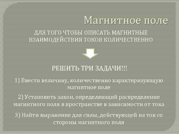 Магнитное поле ДЛЯ ТОГО ЧТОБЫ ОПИСАТЬ МАГНИТНЫЕ ВЗАИМОДЕЙСТВИЯ ТОКОВ КОЛИЧЕСТВЕННО РЕШИТЬ ТРИ ЗАДАЧИ!!! 1)