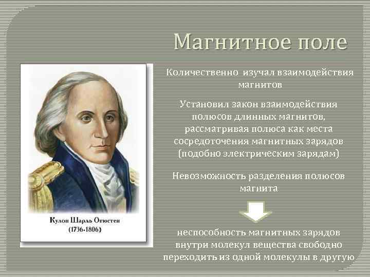 Магнитное поле Количественно изучал взаимодействия магнитов Установил закон взаимодействия полюсов длинных магнитов, рассматривая полюса