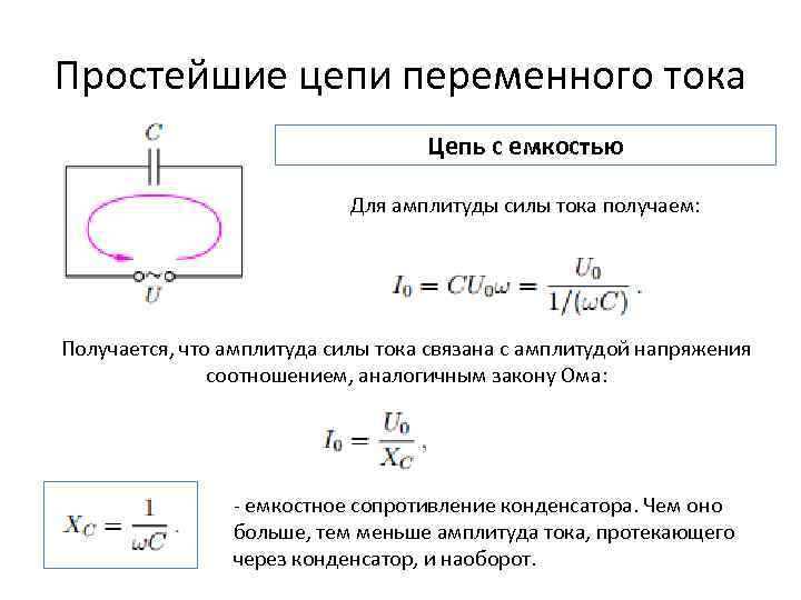 Простейшие цепи переменного тока Цепь с емкостью Для амплитуды силы тока получаем: Получается, что