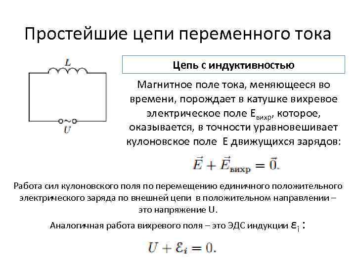 Простейшие цепи переменного тока Цепь с индуктивностью Магнитное поле тока, меняющееся во времени, порождает