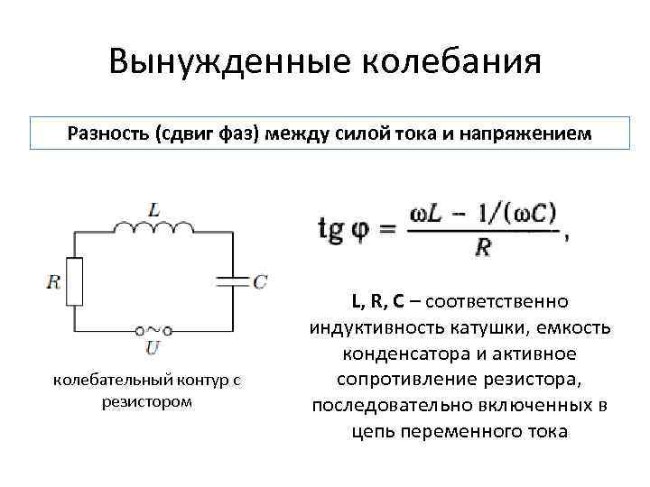 Вынужденные колебания Разность (сдвиг фаз) между силой тока и напряжением колебательный контур с резистором