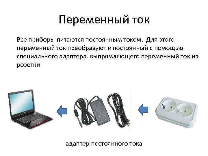 Переменный ток Все приборы питаются постоянным током. Для этого переменный ток преобразуют в постоянный