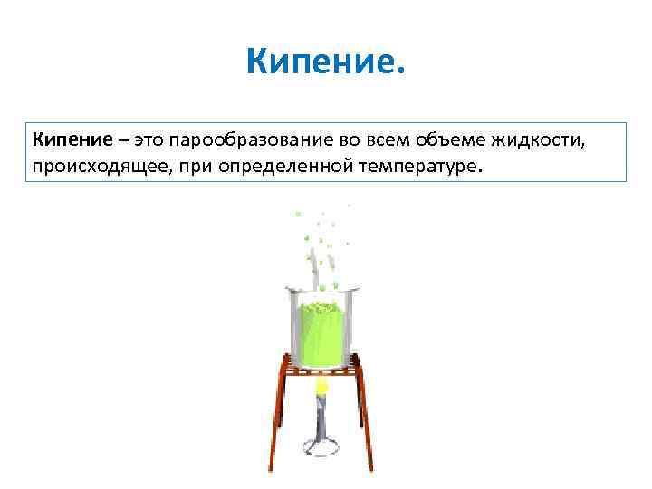 Кипение – это парообразование во всем объеме жидкости, происходящее, при определенной температуре. 