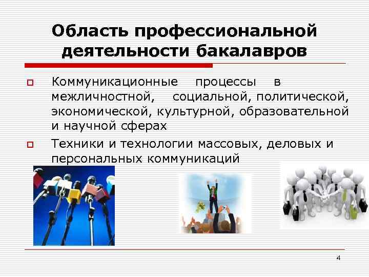 Область профессиональной деятельности бакалавров o o Коммуникационные процессы в межличностной, социальной, политической, экономической, культурной,