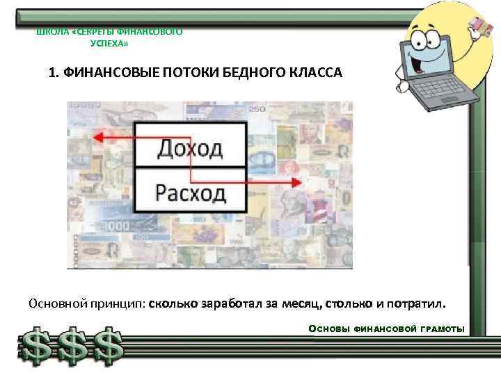 ШКОЛА «СЕКРЕТЫ ФИНАНСОВОГО УСПЕХА» 1. ФИНАНСОВЫЕ ПОТОКИ БЕДНОГО КЛАССА Основной принцип: сколько заработал за
